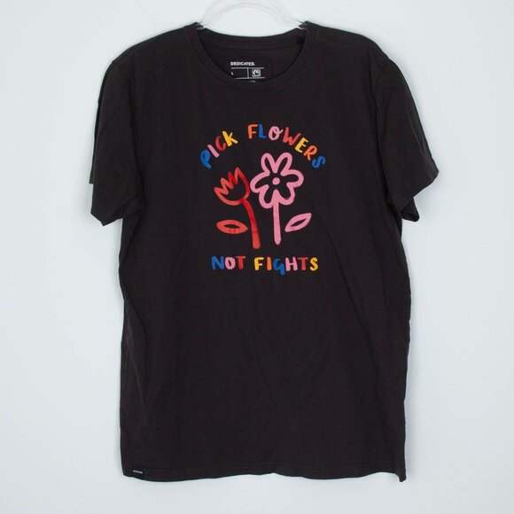 Dedicated Tops - Dedicated Womens Pick Flowers Not Fights Graphic T Shirt Size L Gray Crewneck